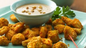 Oven-Fried Chicken Chunks with Peanut Sauce