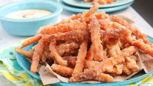 Sassy Sugar Cinnamon Sweet Potato Fries with Creamy Coconut Maple Dipping Sauce